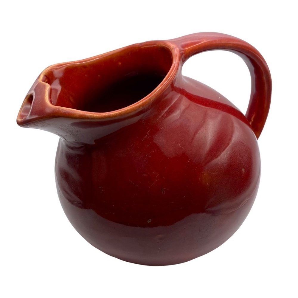 Vintage 1940s Art Deco Pottery Pitcher Ribbed Burgundy Ceramic Antique